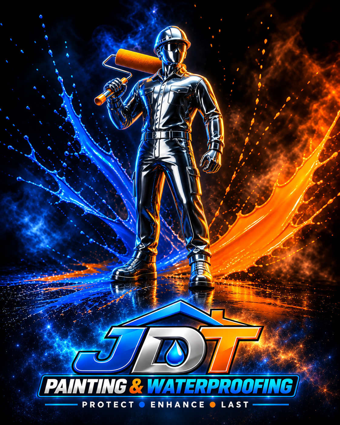 JDT Painting and Waterproofing brand illustration with a painter and blue and orange paint splashes